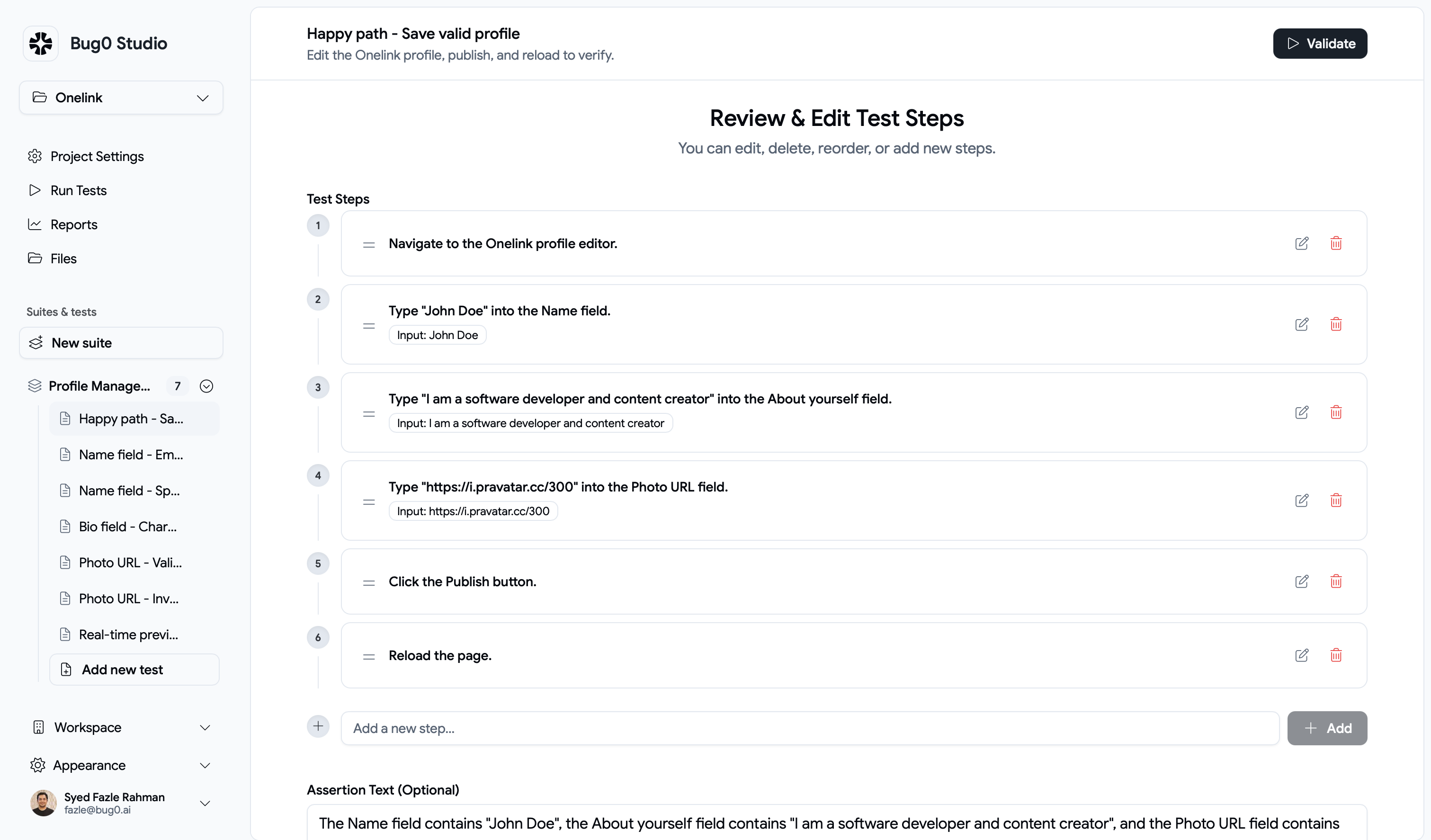 Bug0 app dashboard showing test results and AI-powered QA insights