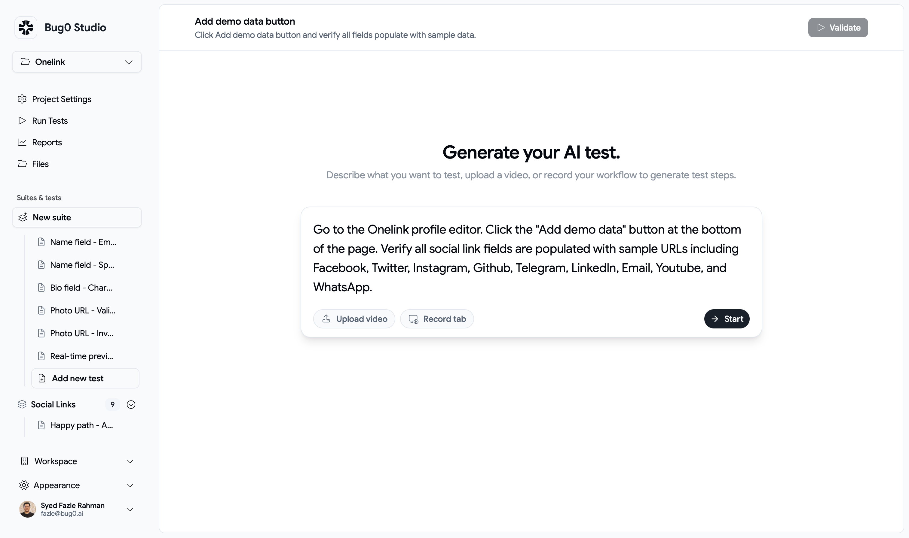 Bug0 test creation interface with natural language input