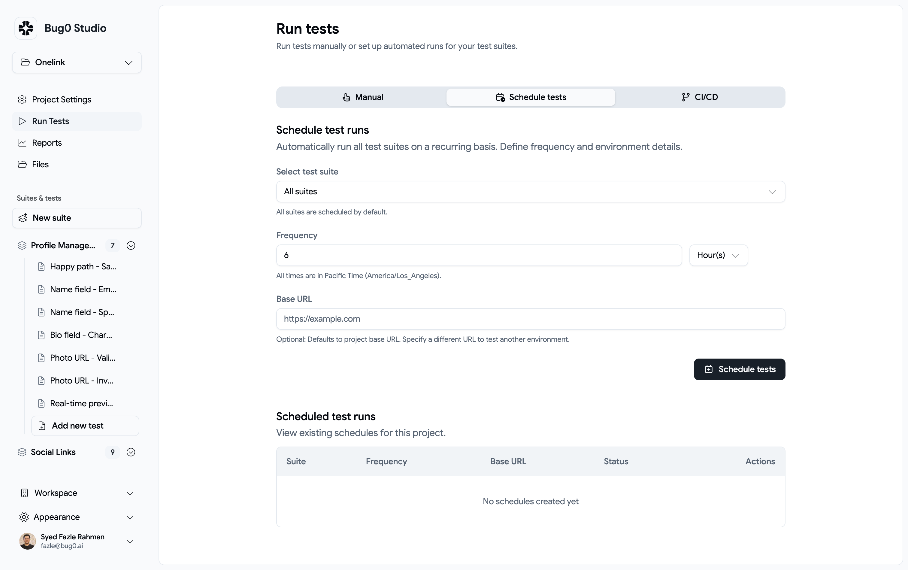 Bug0 test scheduling and CI/CD integration